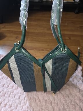 Green Striped Women’s Shoulder Bag - Multi-Color Accent